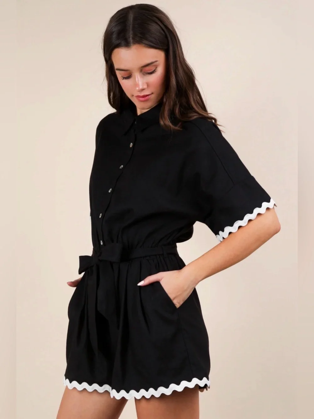 A677. Black Button-Up Romper with White Rickrack Trim - Picture 3 of 3